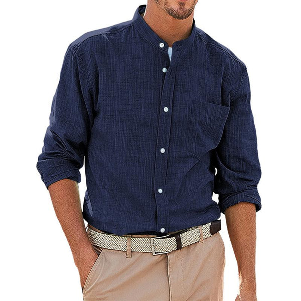 Men's Solid Stand Collar Breast Pocket Long Sleeve Shirt 45898373Z