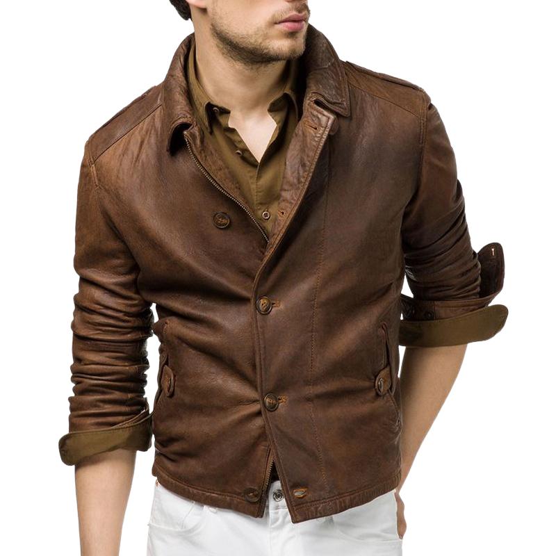 Men's Vintage Lapel Button Leather Jacket 27146447U