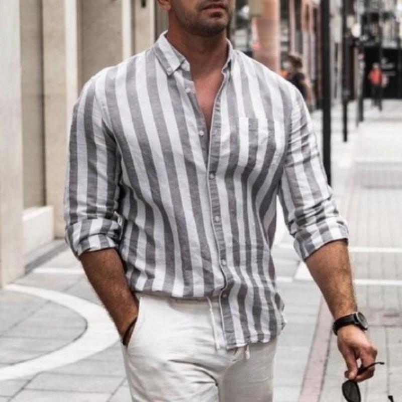 Men's Casual Fashionable Vertical Striped Linen Long-sleeved Shirt 15043015K