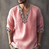 Men's Print Trim V Neck Loose Cotton And Linen Shirt 73330841Z