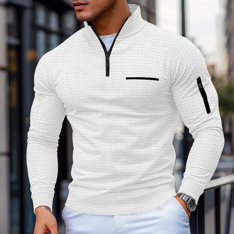 Men's Casual Waffle Zipper Stand Collar Long Sleeve Polo Shirt 75379500Y