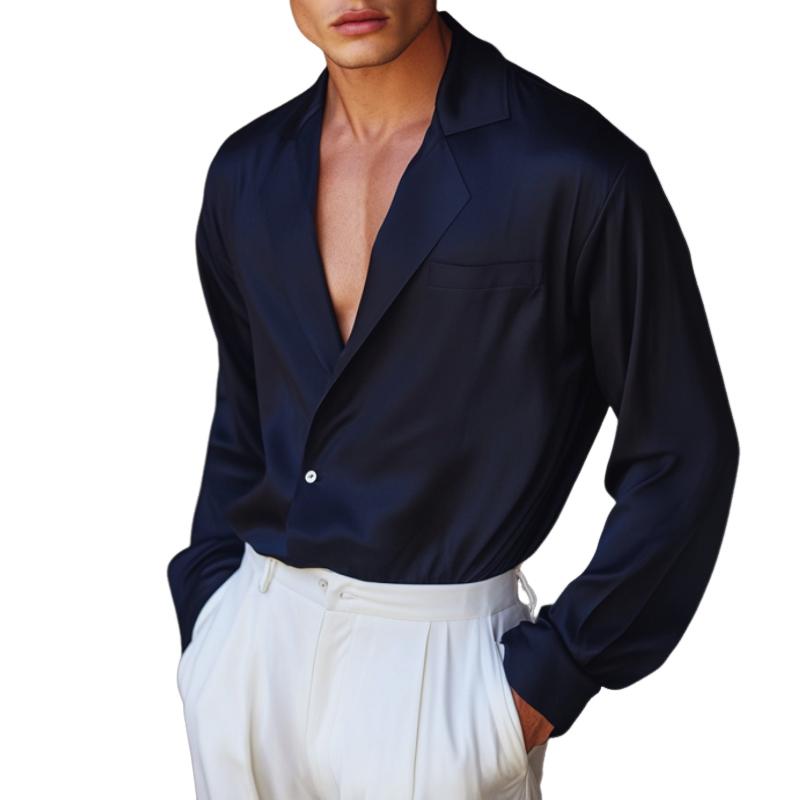 Men's Retro Casual Solid Color Lapel Long Sleeve Shirt 93649684TO