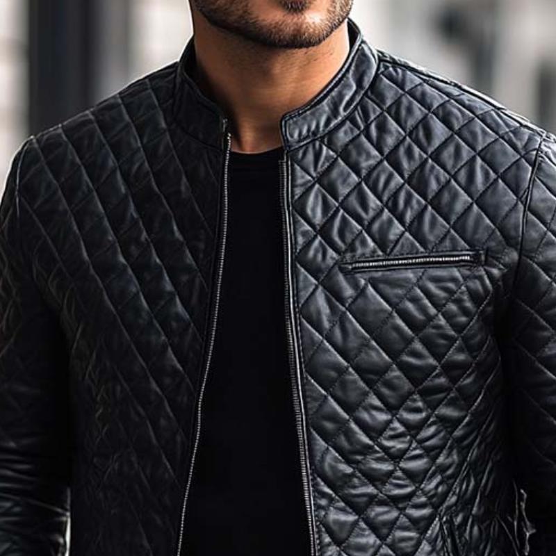 Men's Fashion Casual Diamond Quilted Slim Fit Leather Jacket 51184456K