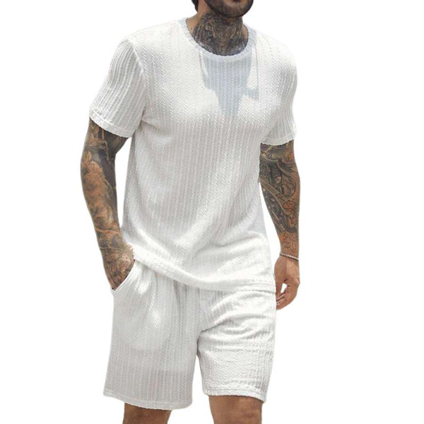 Men's Vertical Pattern Solid Color Round Neck Short-Sleeved T-Shirt Shorts Set 56251983Y