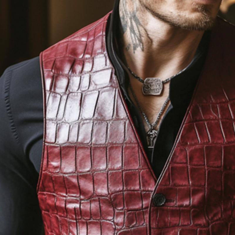 Men's Vintage Casual Embossed Collarless Leather Vest 22698215TO