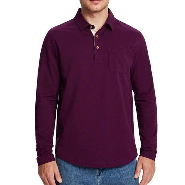 Men's Solid Lapel Breast Pocket Long Sleeve Polo Shirt 97828188Z