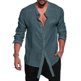 Men's Stand Collar Cotton and Linen Loose Long Sleeve Shirt 65664404U