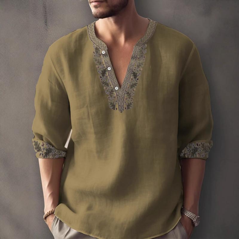 Men's Print Linen V Neck Long Sleeve Shirt 56578095Z