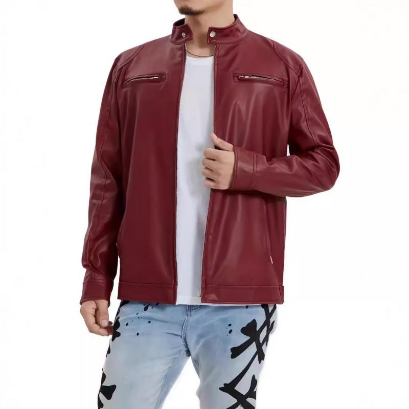 Men's Casual Stand Collar Zippered Leather Motorcycle Jacket 55708444M