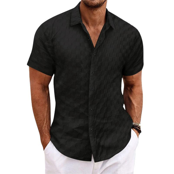 Men's Casual Solid Color Jacquard Plaid Lapel Short Sleeve Shirt 80776841Y