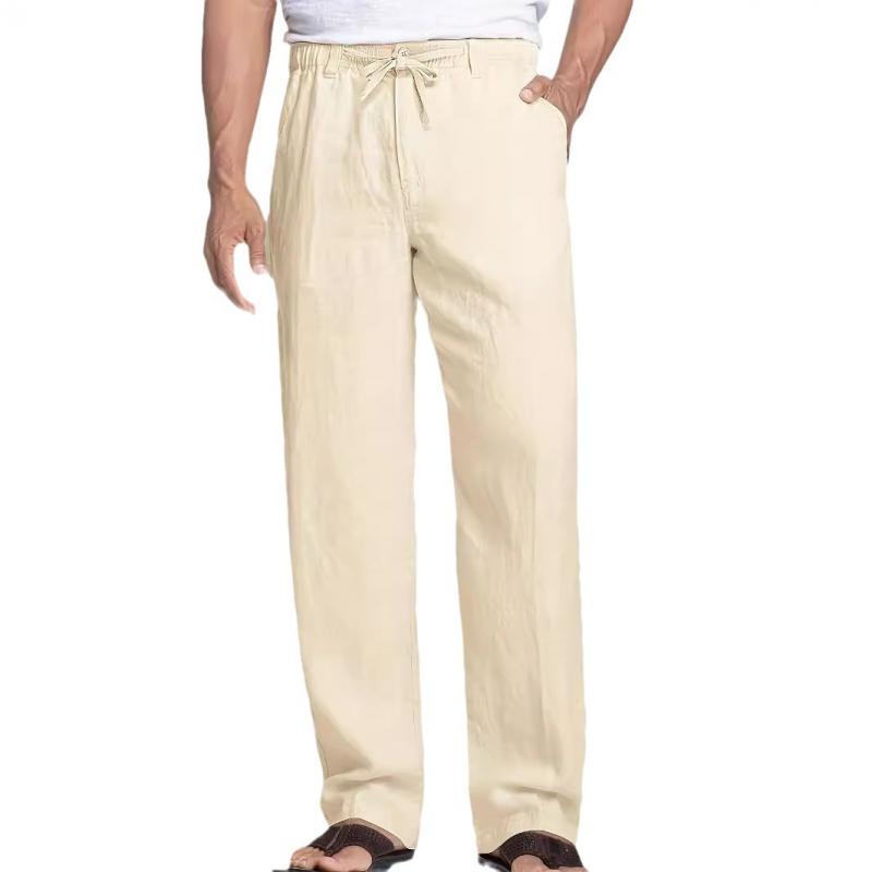 Men's Solid Color Cotton And Linen Elastic Waist Loose Casual Pants 02663304Z