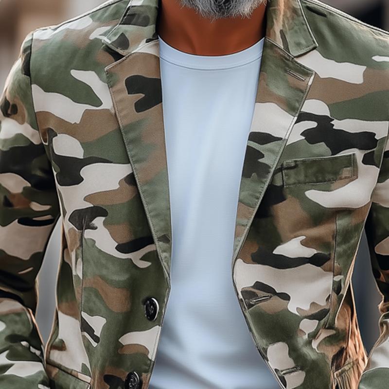 【Expédition 24 heures】Blazer décontracté à revers cranté et à boutonnage simple pour homme, style camouflage rétro 84824708Z