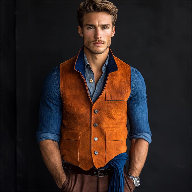 Men's Classic Casual Contrast Collar Suede Vest 06311220K