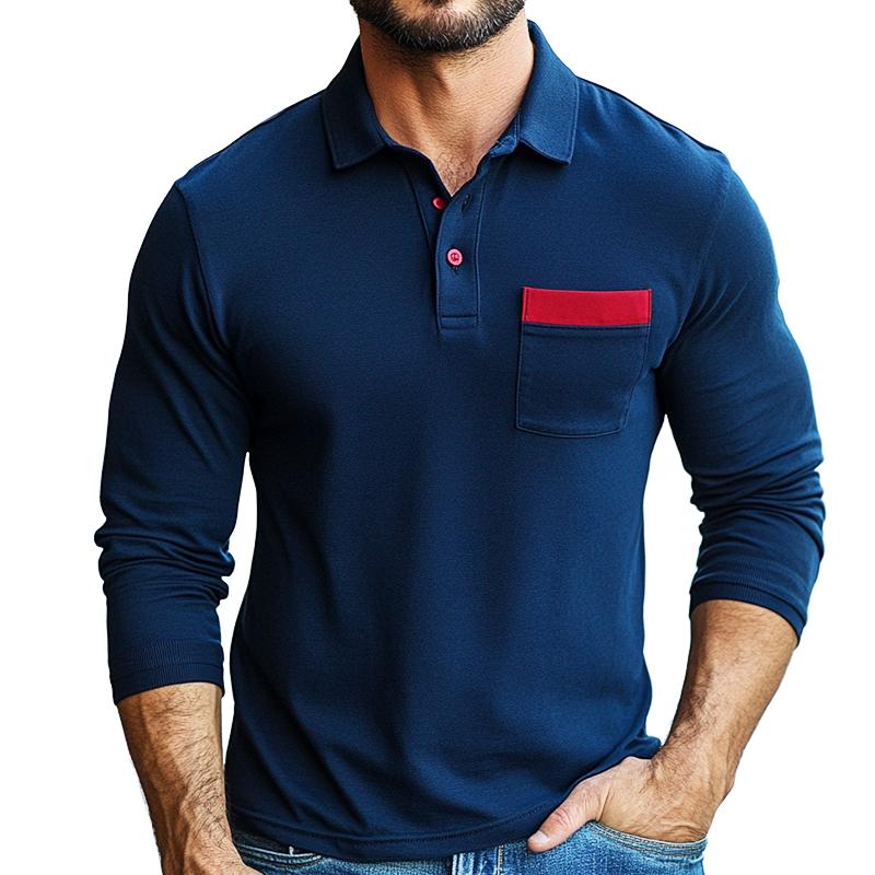 Men's Retro Casual Colorblock Lapel Long Sleeve T-Shirt 91910239TO