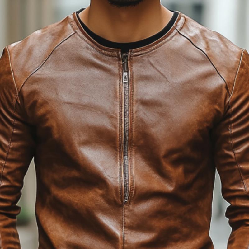 Men's Casual Fashion Round Neck Zipper Slim Leather Long Sleeve T-Shirt 98608514K