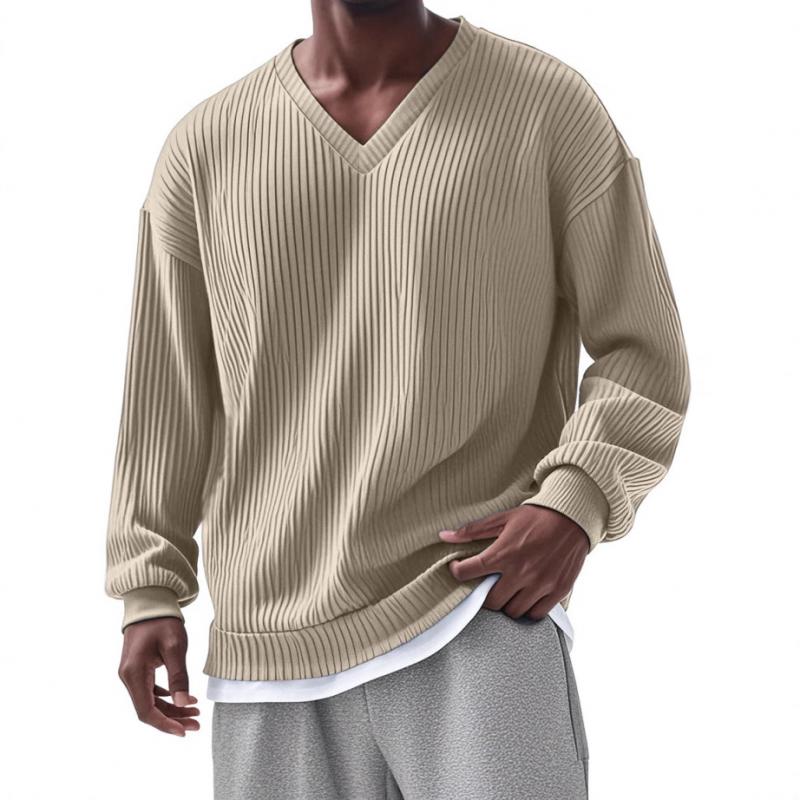 Men's Casual V-neck Striped Loose Long Sleeve T-shirt 54180863M