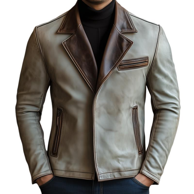 Men's Colorblock Notch Lapel Multi-pocket Slim Leather Jacket 11204989Z