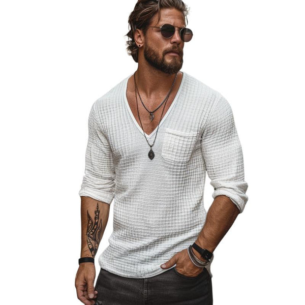 Men's Casual V-neck Waffle Patch Pocket Slim Fit Long Sleeve T-shirt 01012965M