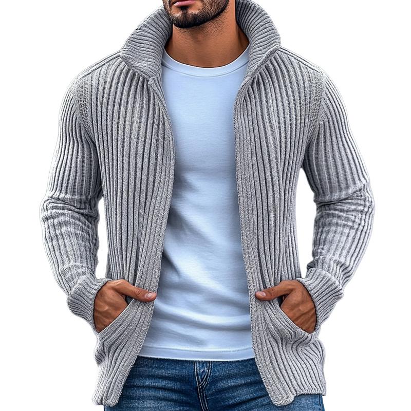 Strikket cardigan for menn med ensfarget stripete, lange ermer 40403507Z