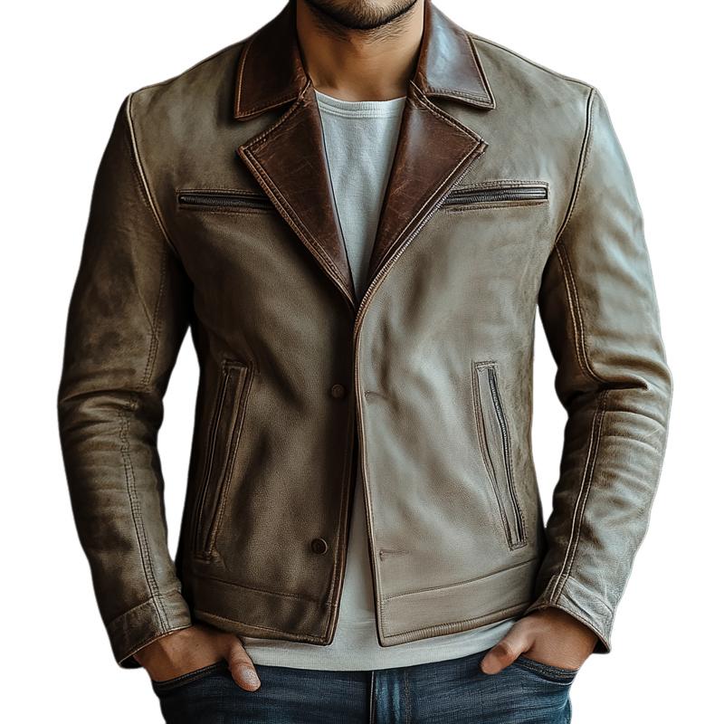 Men's Colorblock Notch Lapel Multi-pocket Slim Leather Jacket 56306688Z