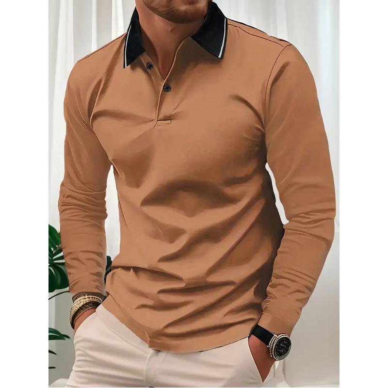 Men's Casual Solid Color Lapel Long Sleeve Polo Shirt 56495244Y