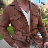 Men's Fashion Suede Lapel Multi-pocket Cargo Jacket 60728122Z