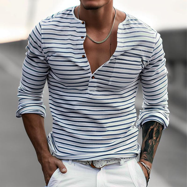 Men's Striped Henley Collar Long Sleeve Casual T-shirt 00046965Z