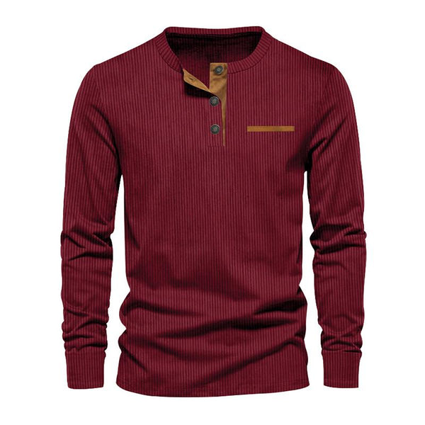Men's Solid Color Corduroy Henley Collar Breast Pocket Long Sleeve Casual T-Shirt 55593369Z