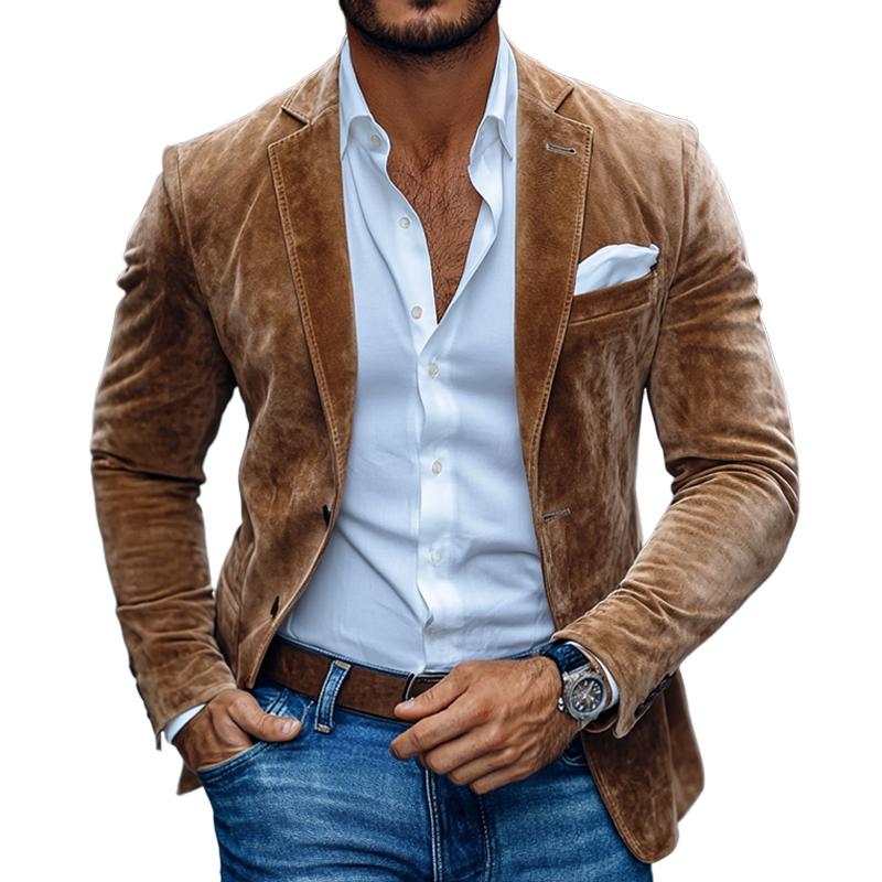 Blazer décontracté à revers crantés et deux boutons en daim uni pour homme 01543684Z