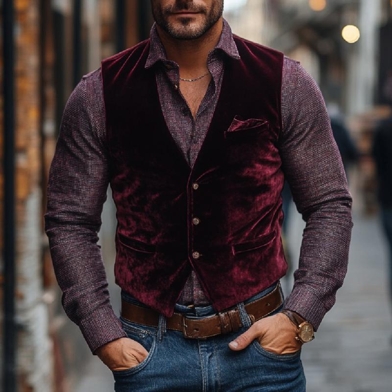 Men's Vintage Velvet V-neck Single-breasted Slim Vest 79289311M