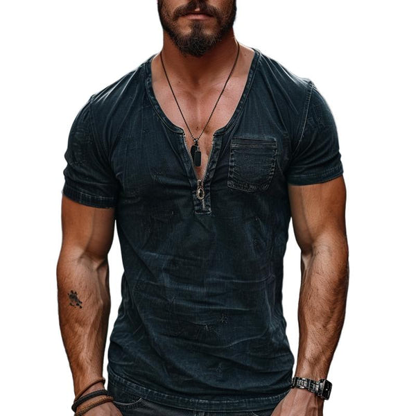 Men's Casual Cotton Washed Zippered Neck Patch Pocket Short Sleeve T-Shirt 02327457M