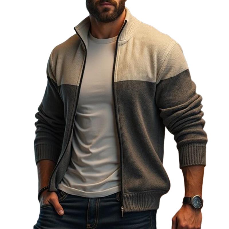 Men's Retro Casual Colorblock Zipper Lapel Knit Cardigan 61618836TO