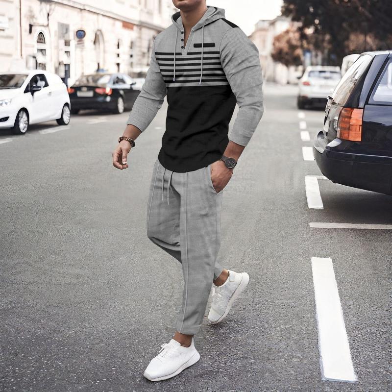 Men's Casual Striped Colorblock Waffle Hooded Long Sleeve T-Shirt Pants Set 84388148Y