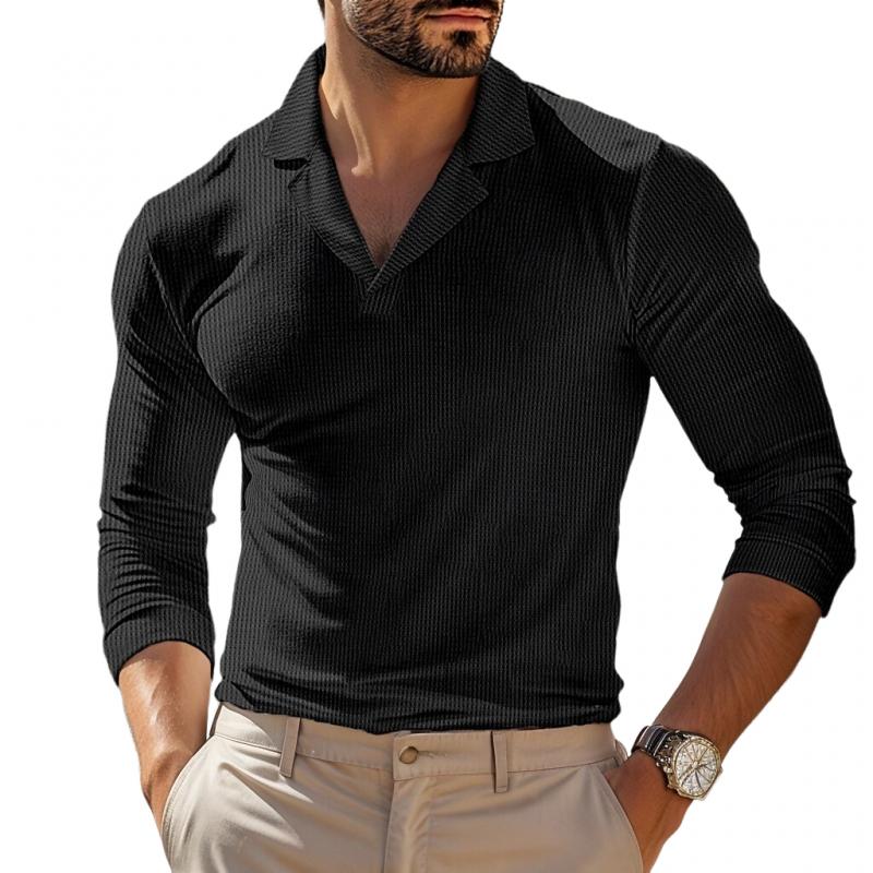 Men's Casual Solid Color Waffle Suit Collar Slim Fit Long Sleeve Polo Shirt 43472688Y