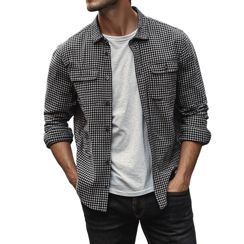 Men's Casual Houndstooth Double Chest Pocket Long Sleeve Shirt 88440858Y