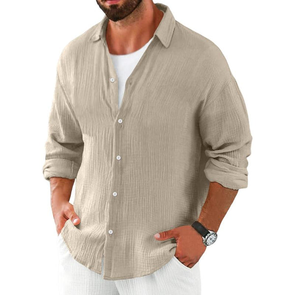 Men's Casual Cotton Linen Pleated Lapel Loose Long-sleeved Shirt 82882874M