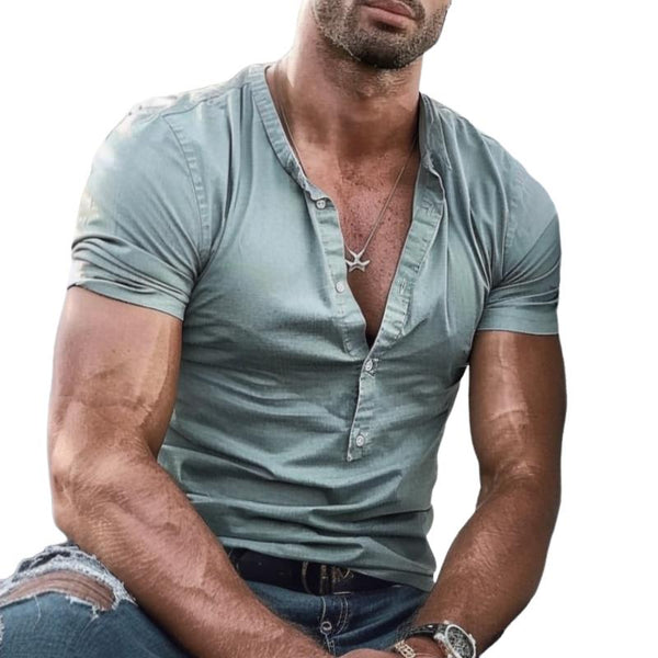 Men's Casual Solid Color Henley Neck Short Sleeve T-Shirt 79696441TO
