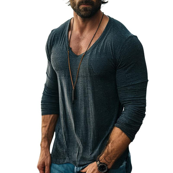 Men's Casual Cotton Blend V-Neck Slim Fit Long Sleeve T-Shirt 32066832M