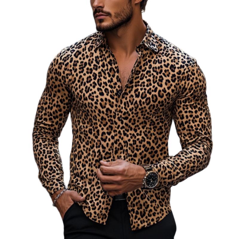 Men's Casual Fashionable Printed Leopard Slim Fit Long Sleeve Shirt 89994446K