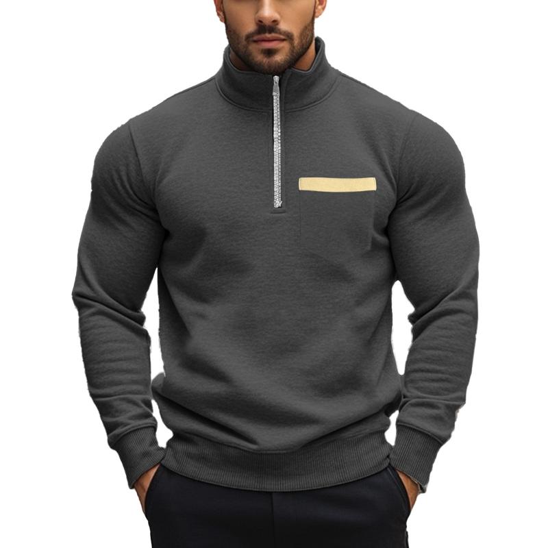 Sweat-shirt décontracté à col montant et fermeture éclair pour homme, couleur unie 21133783X