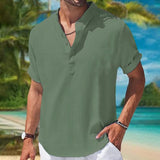 Men's Solid Color Cotton And Linen Henley Collar Short Sleeve Shirt 26206732Z