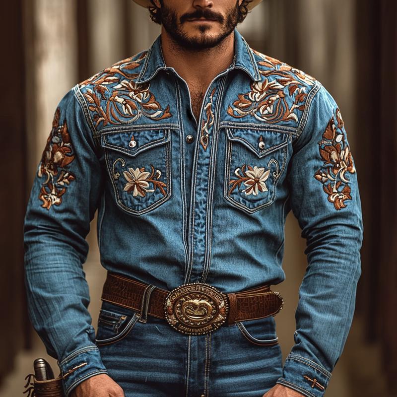 Men's Western Cowboy Style Embroidered Lapel Chest Pocket Long Sleeve Denim Shirt 00380923Z