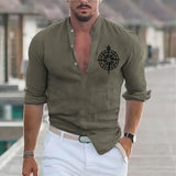 Men's Printed Stand Collar Long Sleeve Cotton Linen Shirt 02809326Z