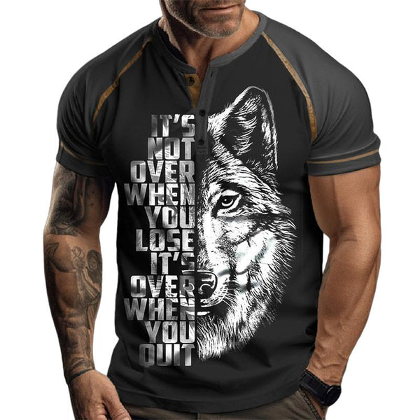 Men's Animal Lettering Print Short Sleeve Henley T-Shirt 31249477X