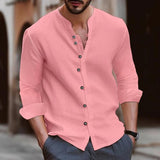 Men's Casual Cotton and Linen Solid Color Long Sleeve Shirt 26552389Y