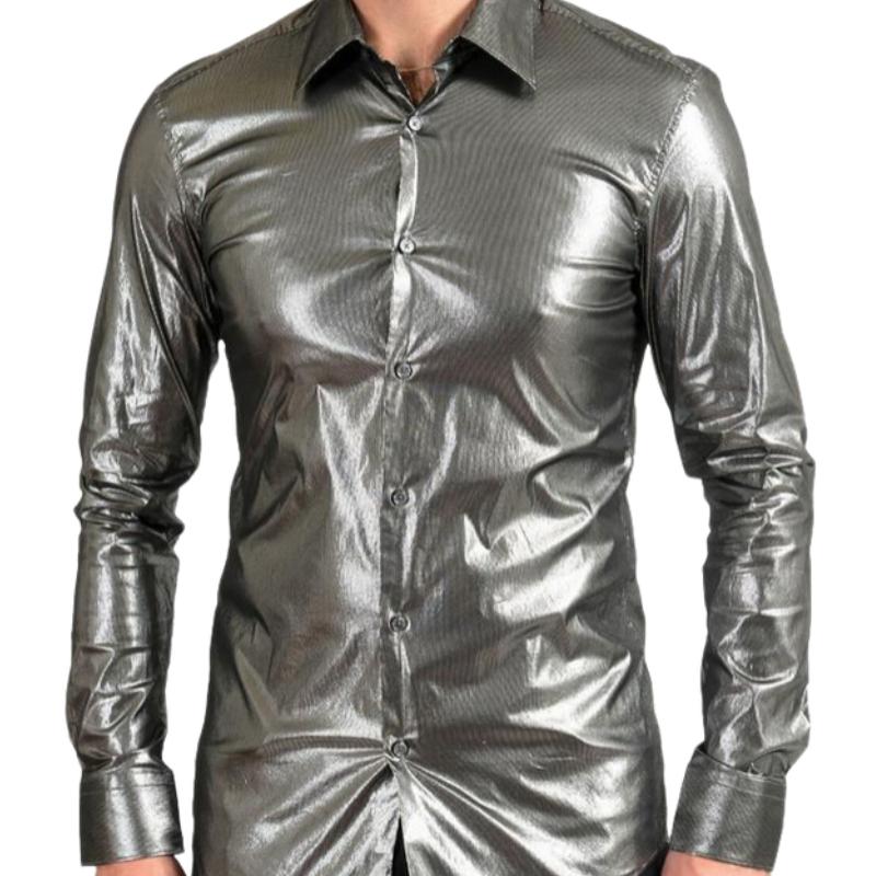 Men's Stylish Slim Lapel Glossy Leather Long Sleeve Shirt 30515041F