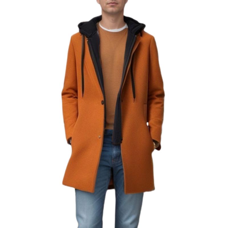 Men's Solid Color Padded Hooded Mid-Length Woolen Coat 99815270Y