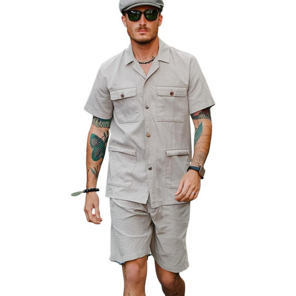 Men's Casual Cotton Blend Lapel Multi-Pocket Short Sleeve Loose Shorts Cargo Set 39230940M