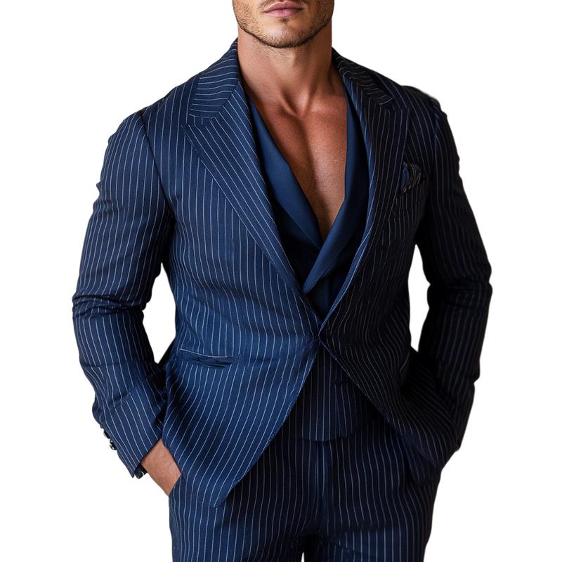 Men's Navy Vertical Stripe Notched Lapel Blazer 88141823U