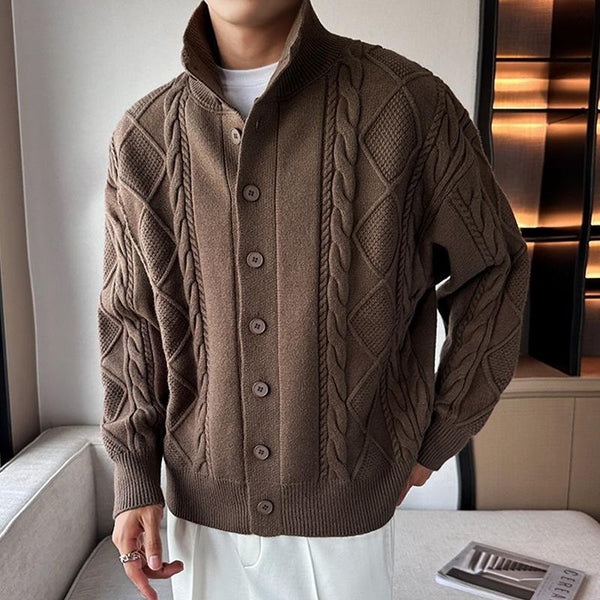 Men's Solid Color Cable Stand Collar Single Breasted Knit Cardigan 49962548Z